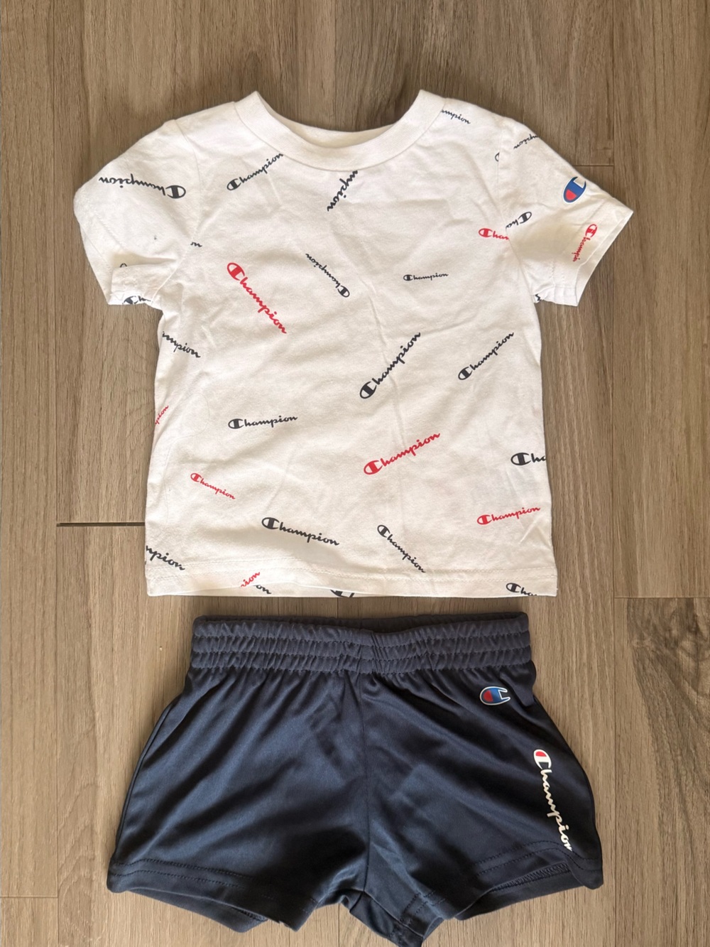 Champion White Logo-Allover Tee with Navy Shorts